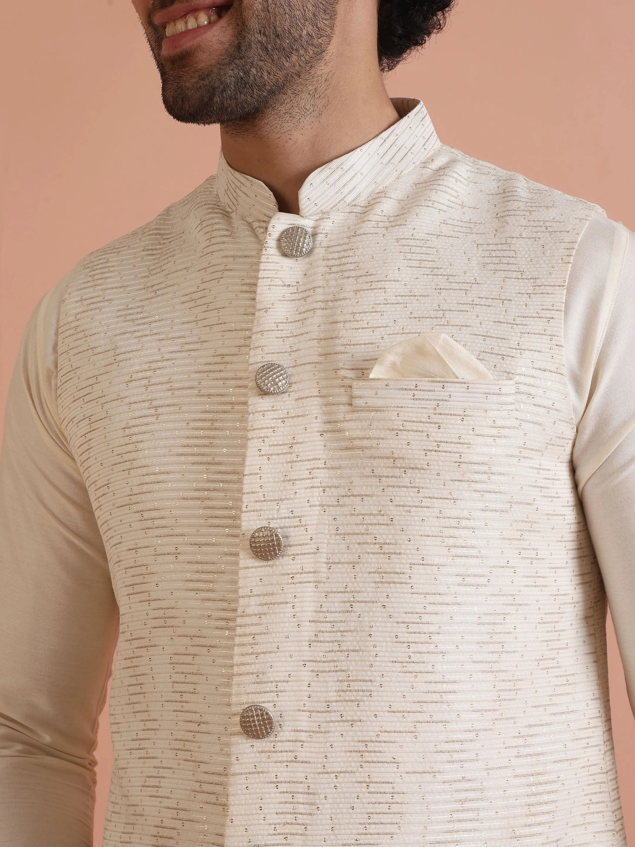 Men White Only Textured Nehru Jacket