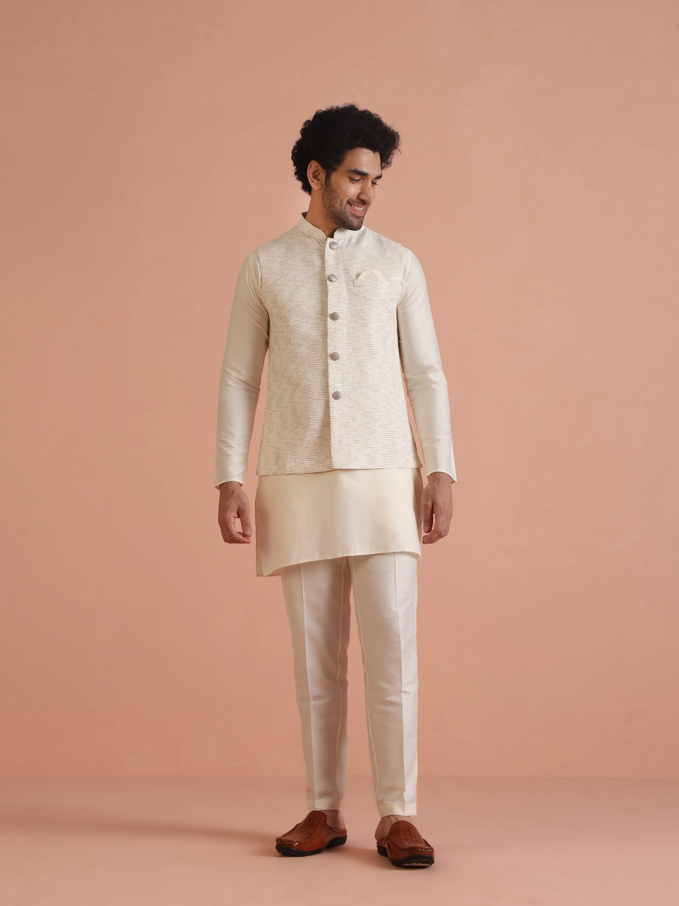 Men White Only Textured Nehru Jacket