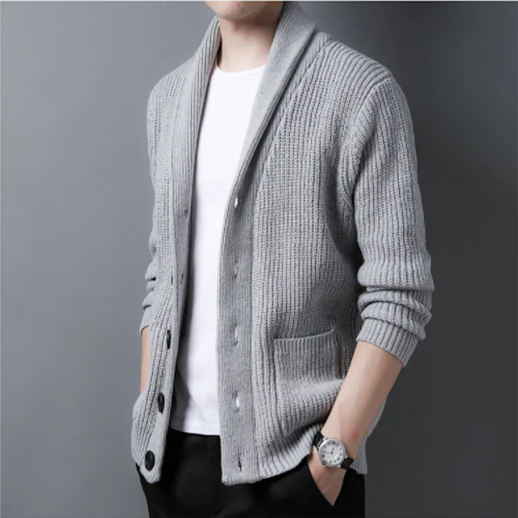 Mens Chunky Knit Cardigan With Shawl Collar