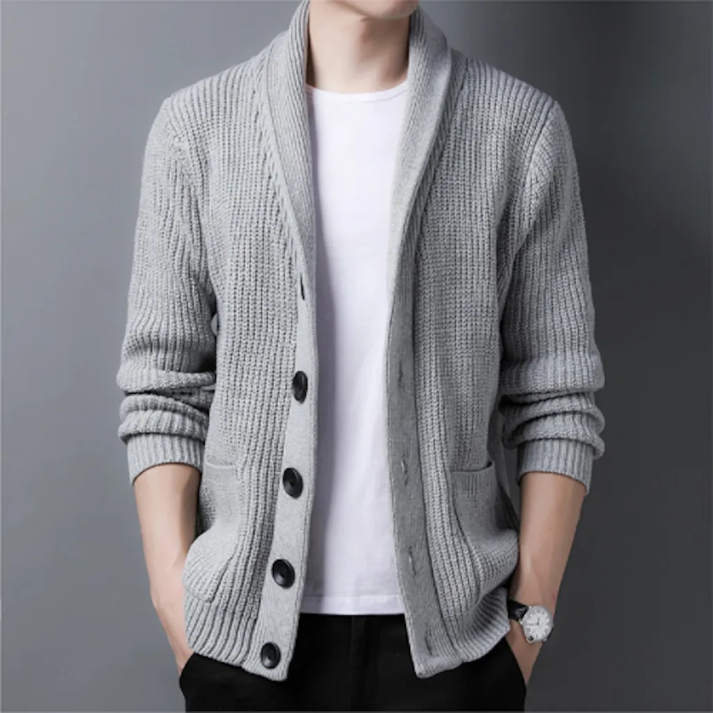 Mens Chunky Knit Cardigan With Shawl Collar