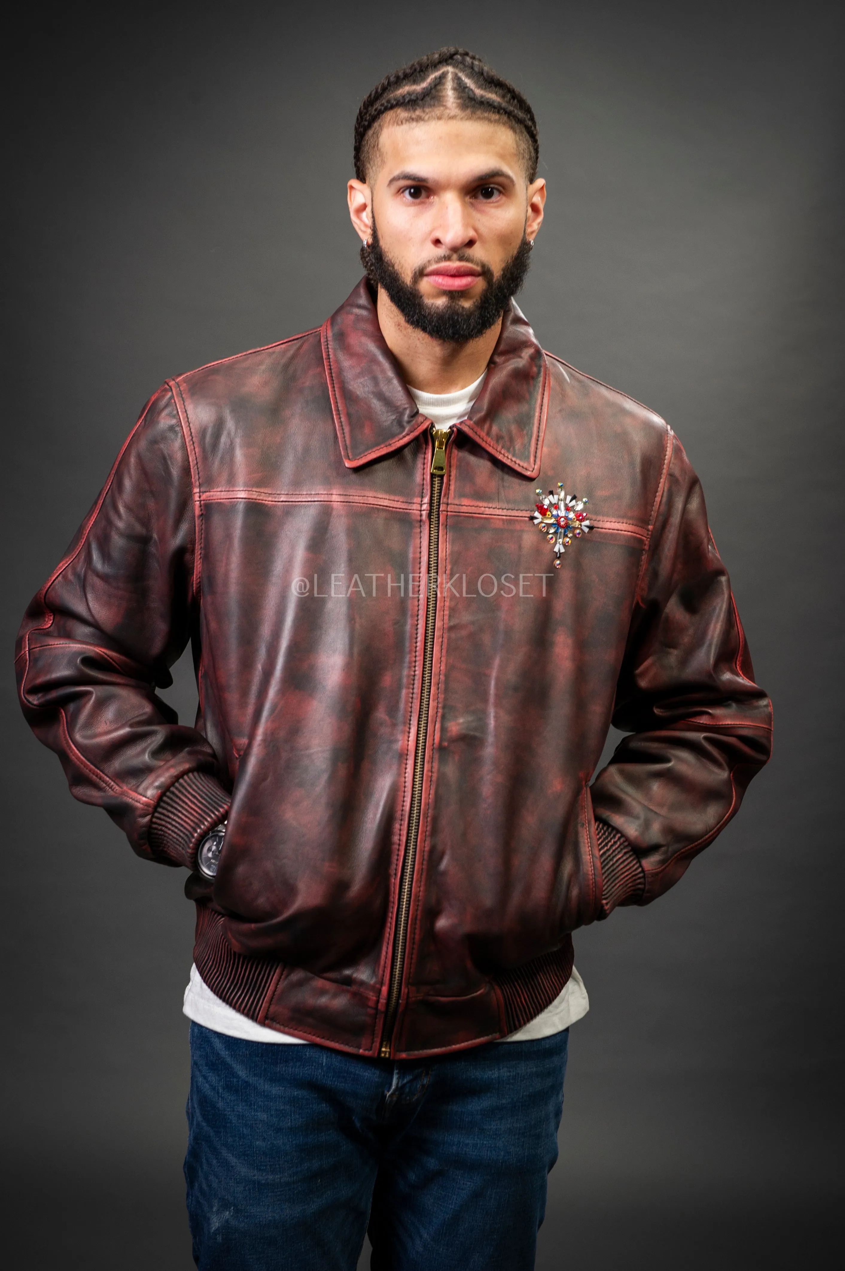 Men's Custom Hand-Work Leather Jacket [Red]