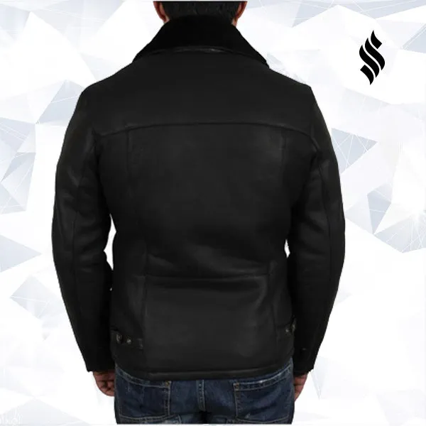 Men's Luxury Double Aviator Black Real Shearling Sheepskin Leather Flying Jacket