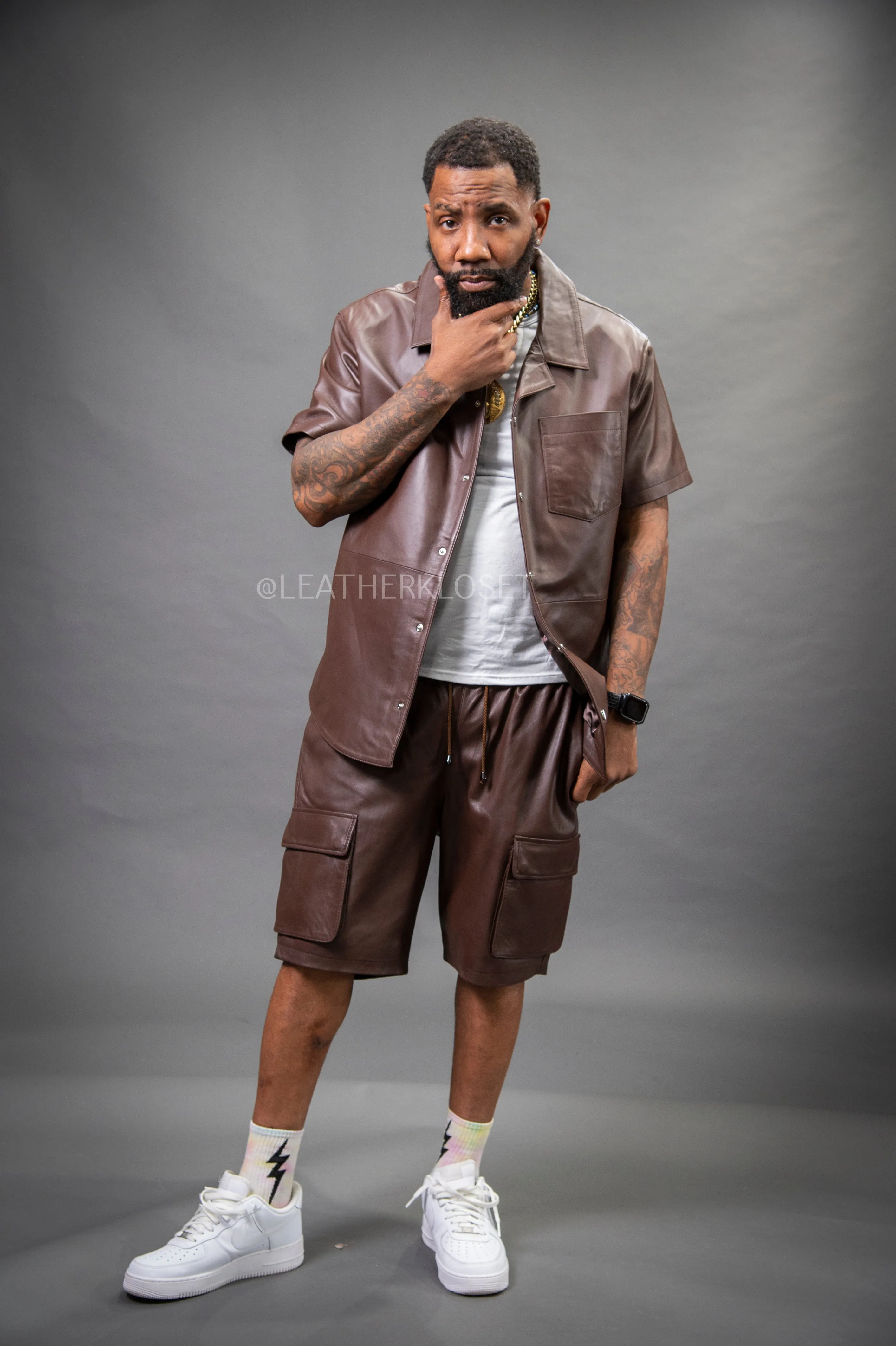 Men's Summer In Miami Leather Shirt And Cargo Shorts Set [Chocolate]