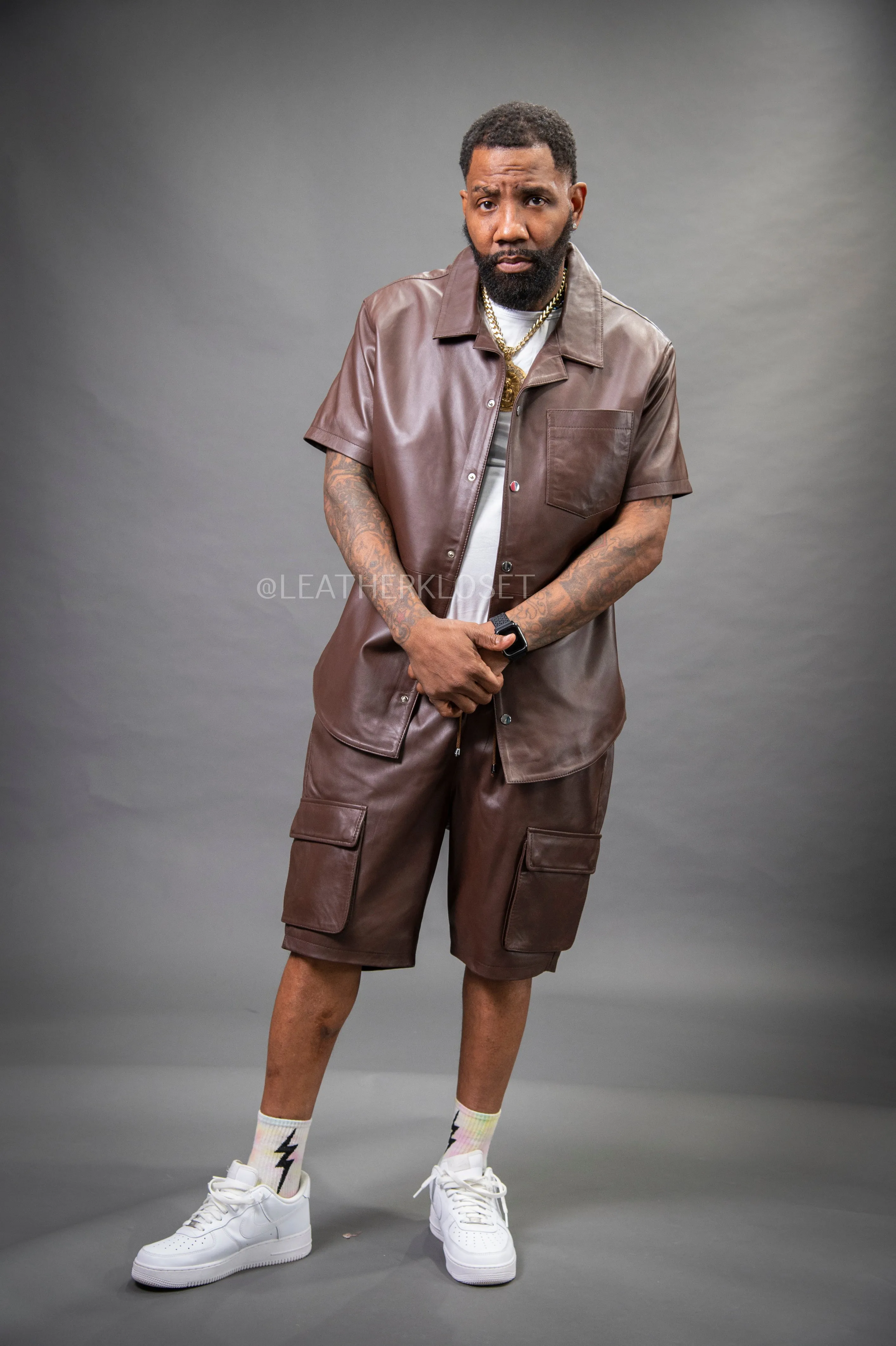 Men's Summer In Miami Leather Shirt And Cargo Shorts Set [Chocolate]