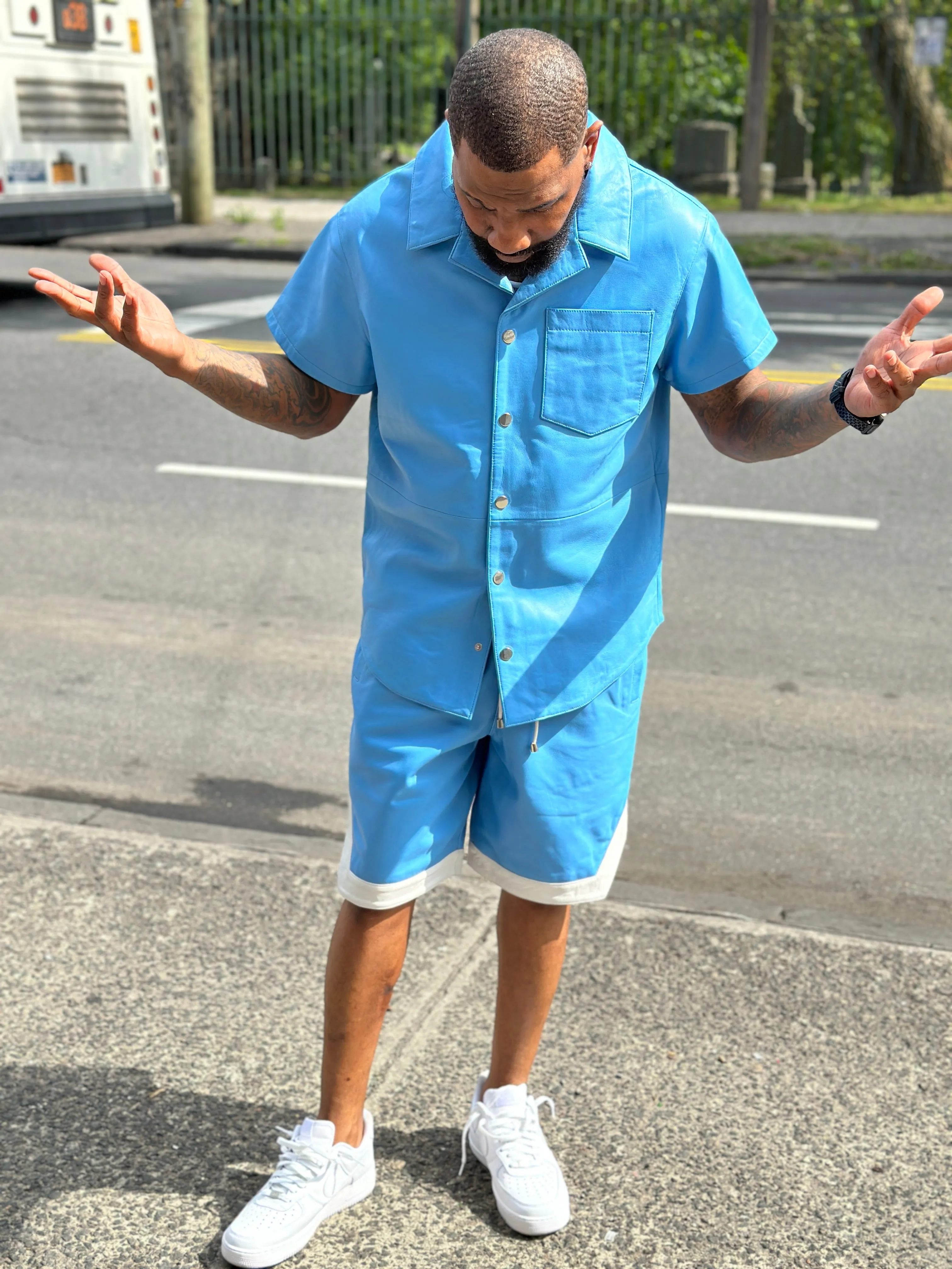 Men's Summer In Miami Leather Shirt And Shorts Set [Baby Blue]