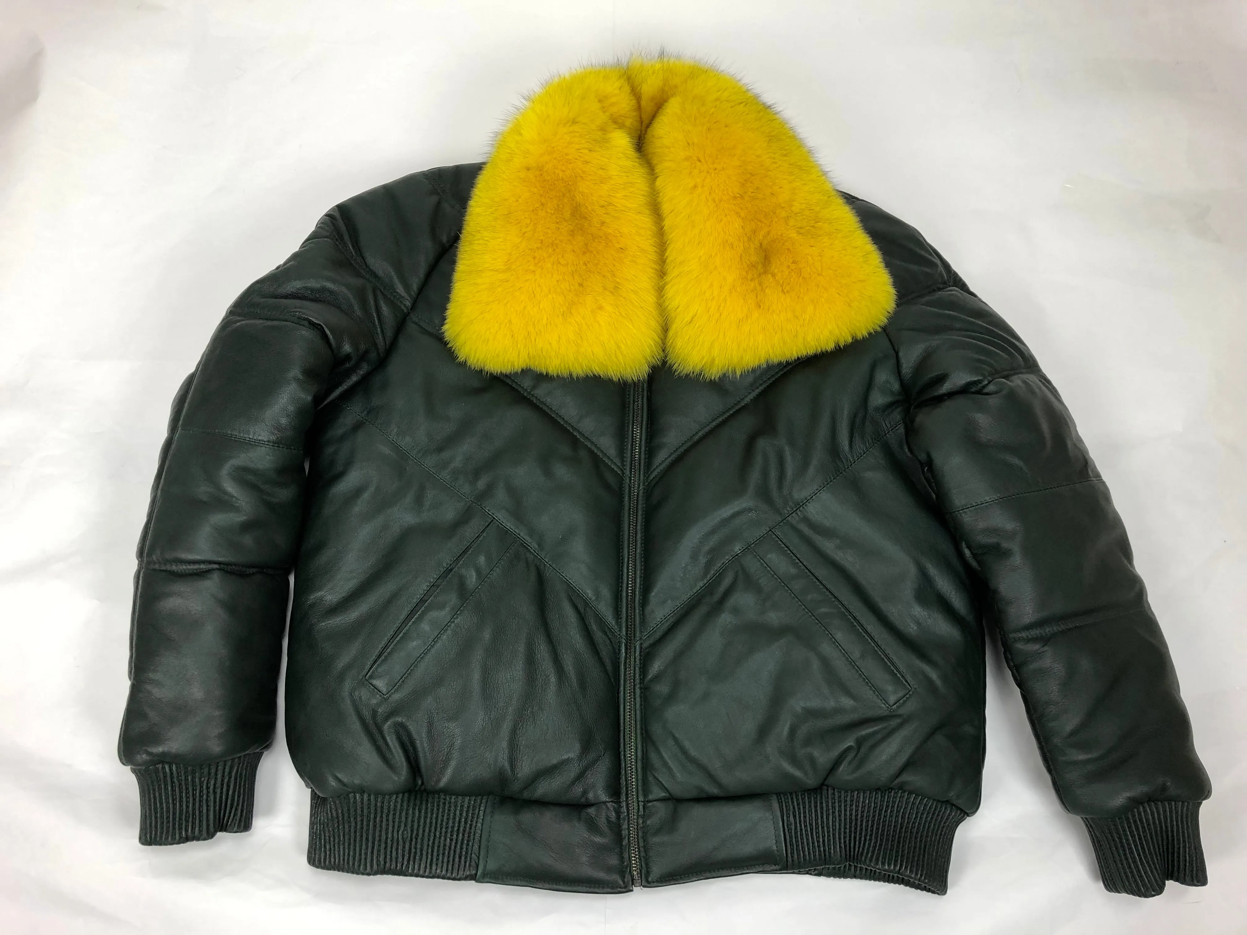 Men's V-Bomber Forest Green Premium Yellow Fox Collar