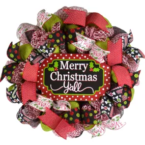 Merry Christmas Wreath | Merry Christmas Y'all | Mesh Front Door Wreath | Red Green White Black