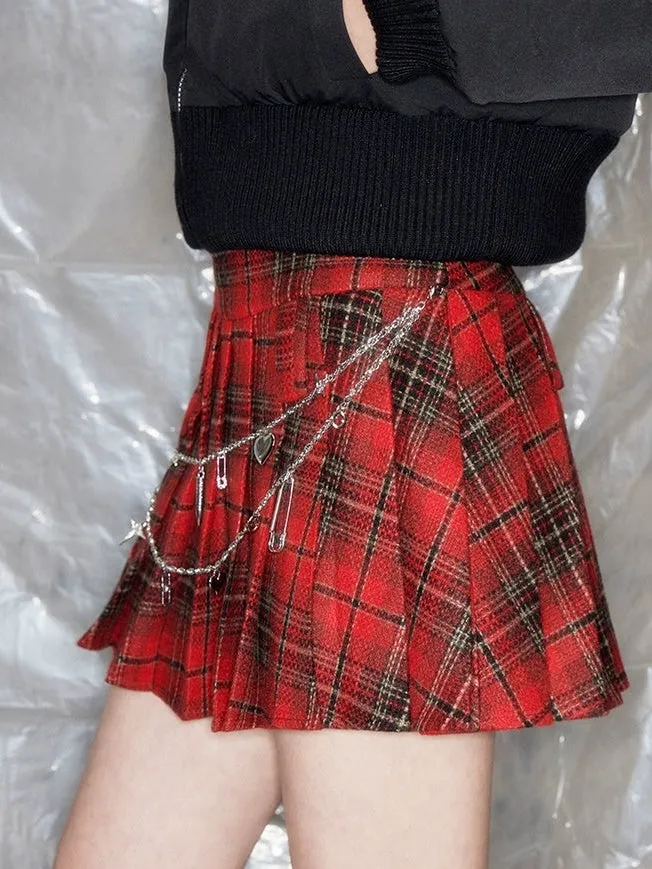 Metal Chain Plaid A-line Pleated Skirt