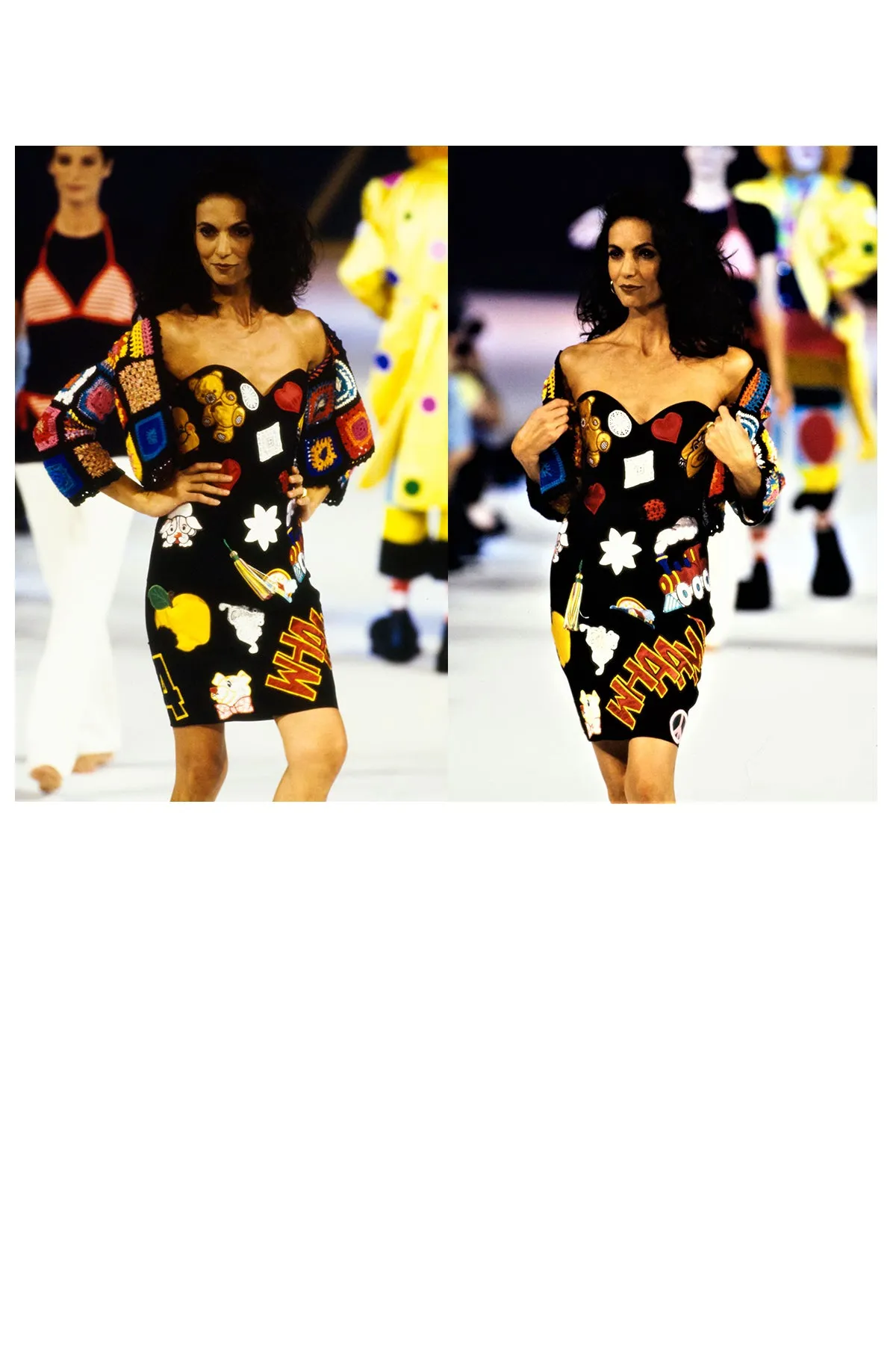 MOSCHINO 1993/94 MULTICOLOR ''WHAM'' PATCH SKIRT & BUSTIER ENSEMBLE