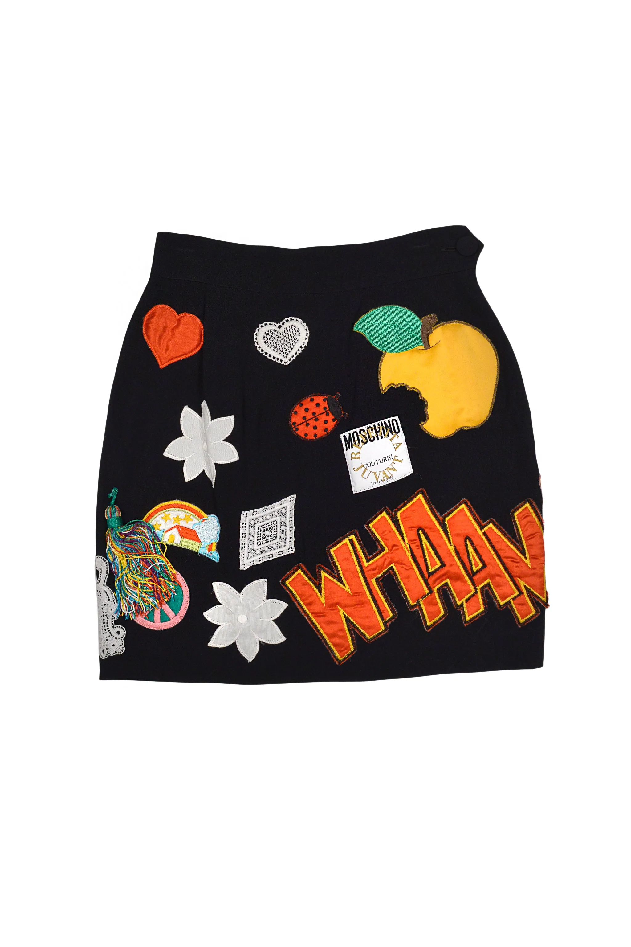 MOSCHINO 1993/94 MULTICOLOR ''WHAM'' PATCH SKIRT & BUSTIER ENSEMBLE