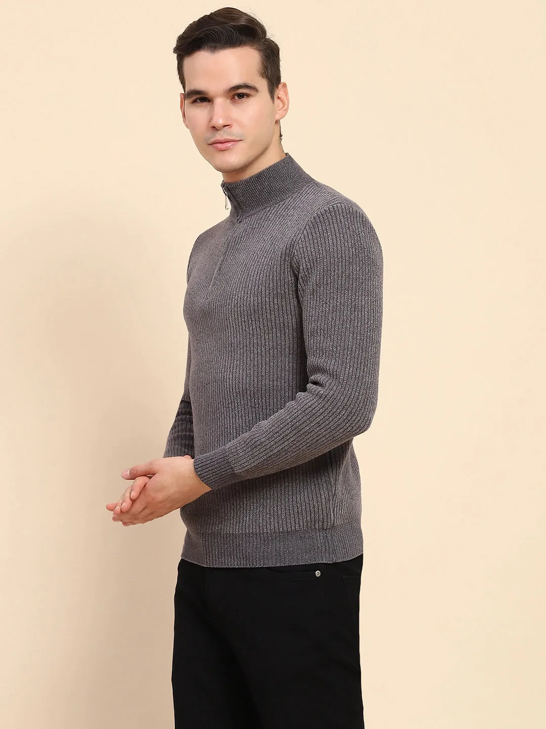 Navy Blue Poly Blend Knit Winter Wear Pullover