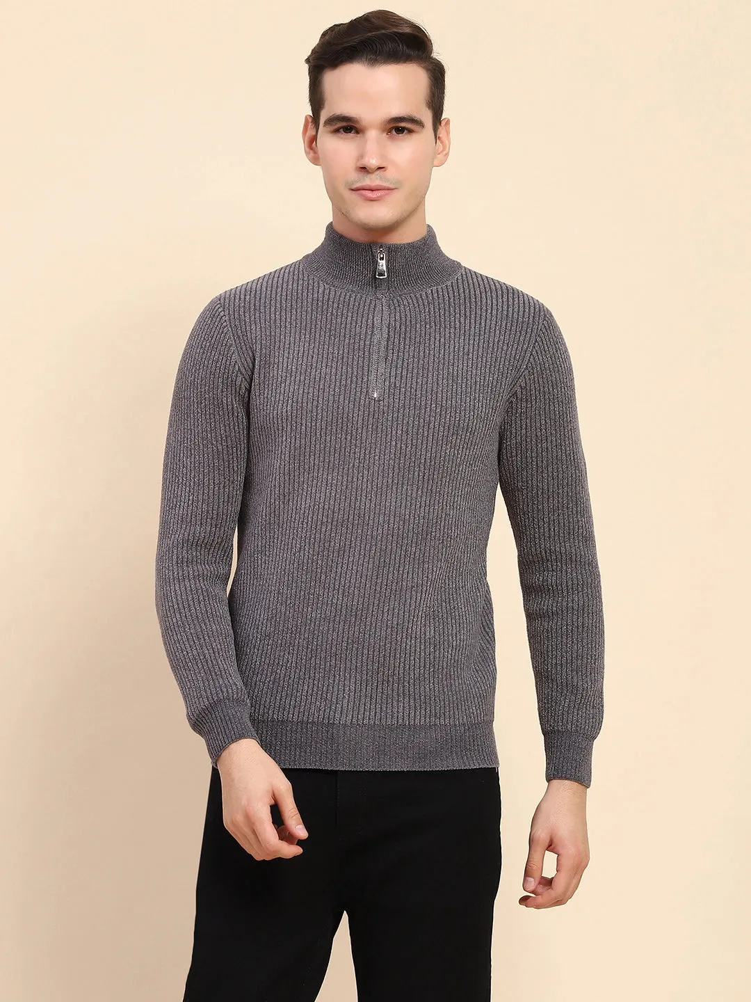 Navy Blue Poly Blend Knit Winter Wear Pullover