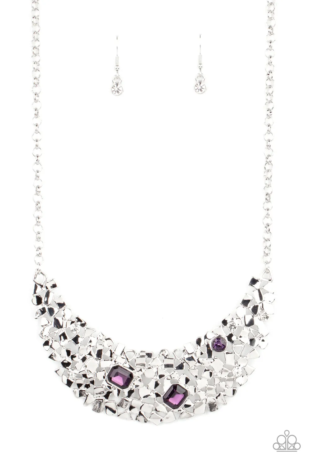 Paparazzi Fabulously Fragmented Necklace Purple, Rock Candy Bubbly Earrings Purple & Dining with Royalty Ring Purple