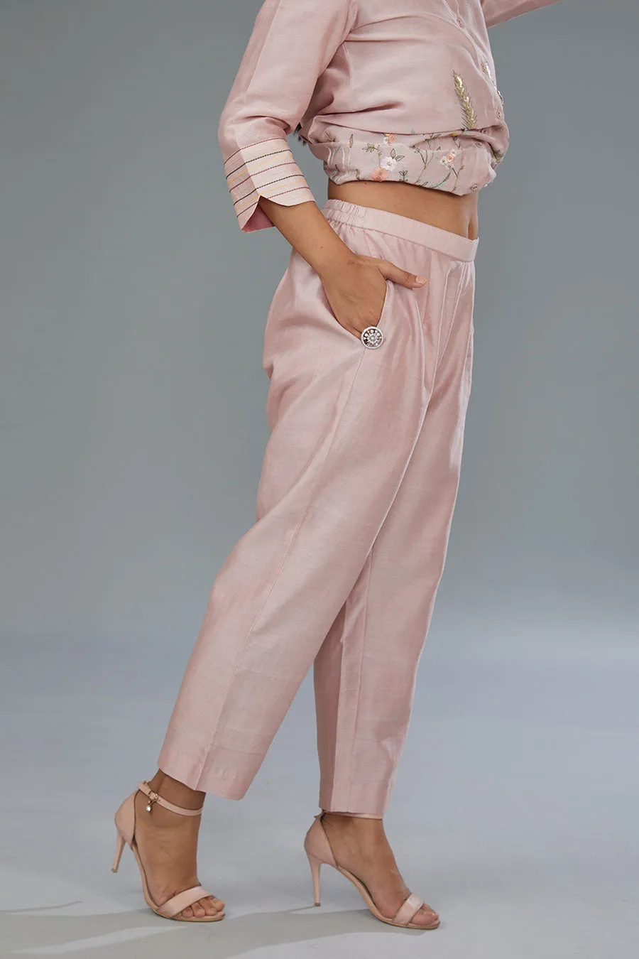 Pink Embroidered High-Low Tunic & Pant Set