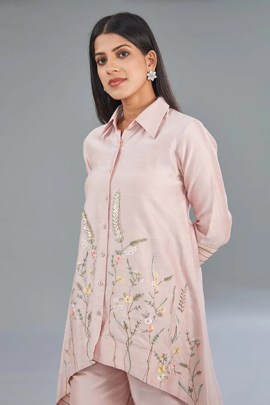 Pink Embroidered High-Low Tunic & Pant Set