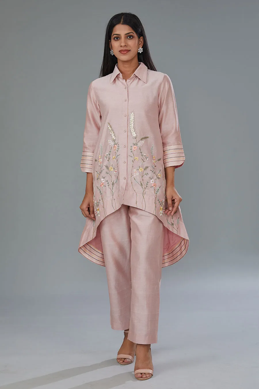 Pink Embroidered High-Low Tunic & Pant Set