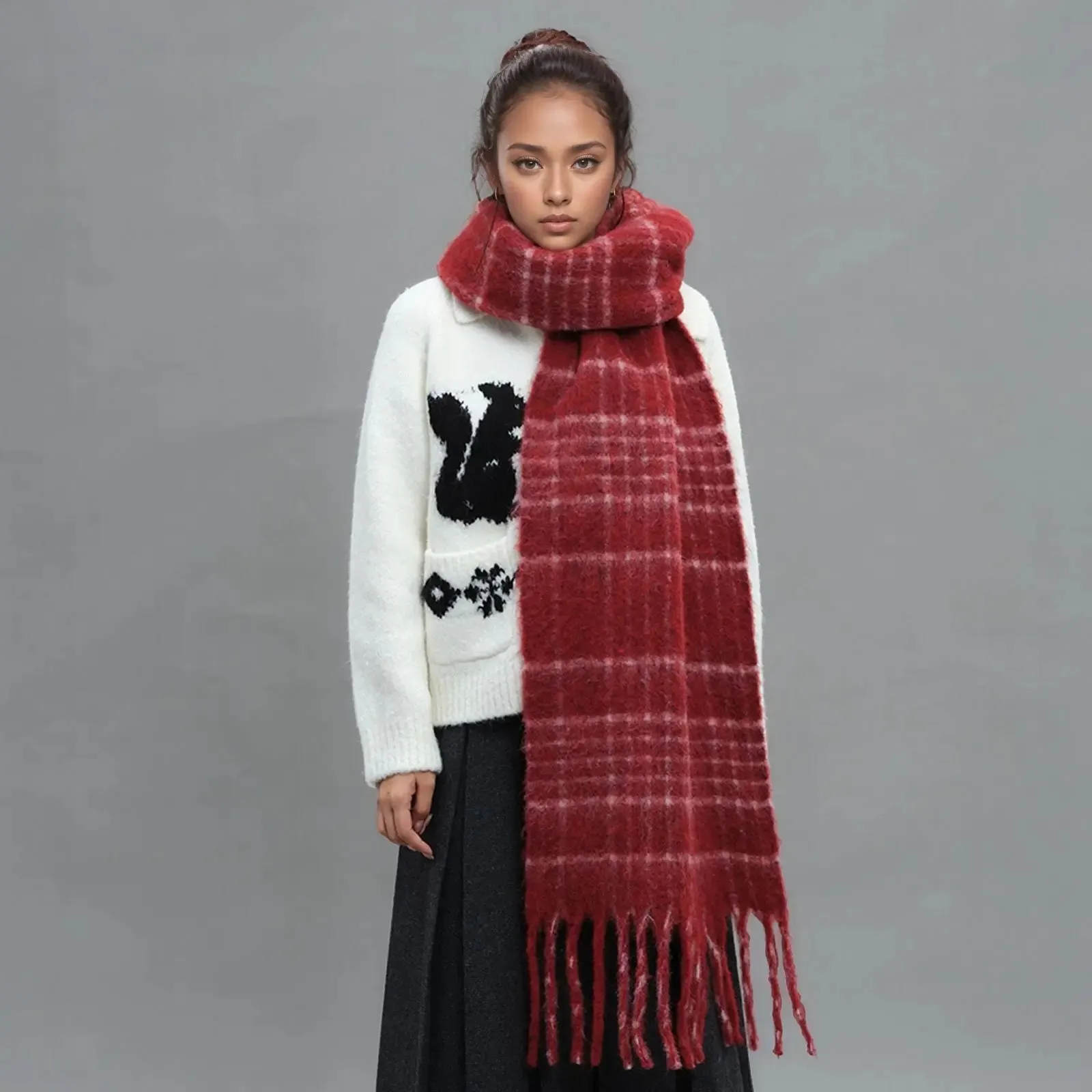 Plaid Scarf With Wool Tassel Winter Mohair Warm Unisex Scarf