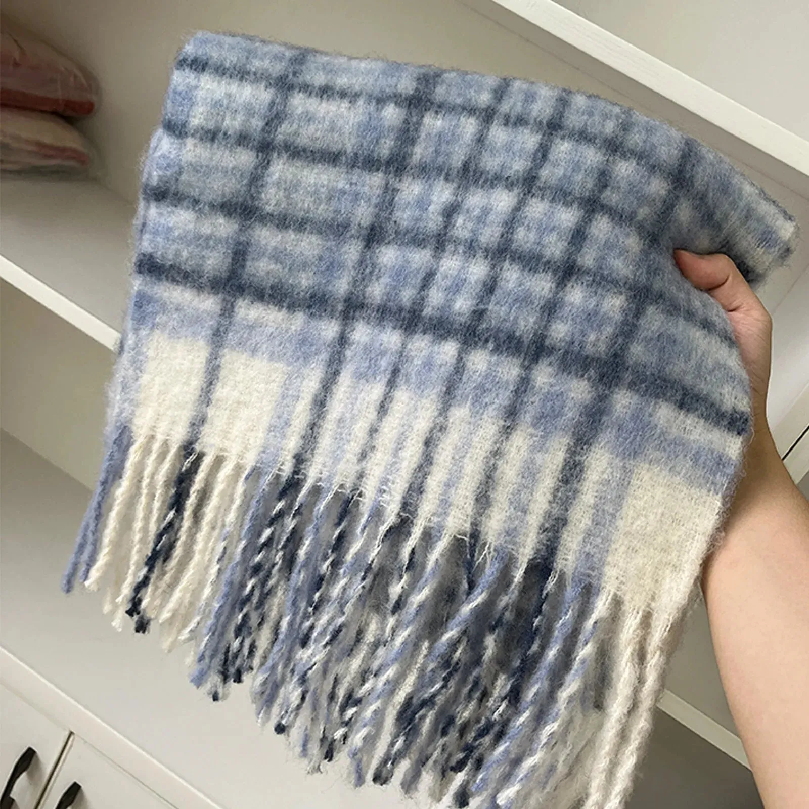 Plaid Scarf With Wool Tassel Winter Mohair Warm Unisex Scarf