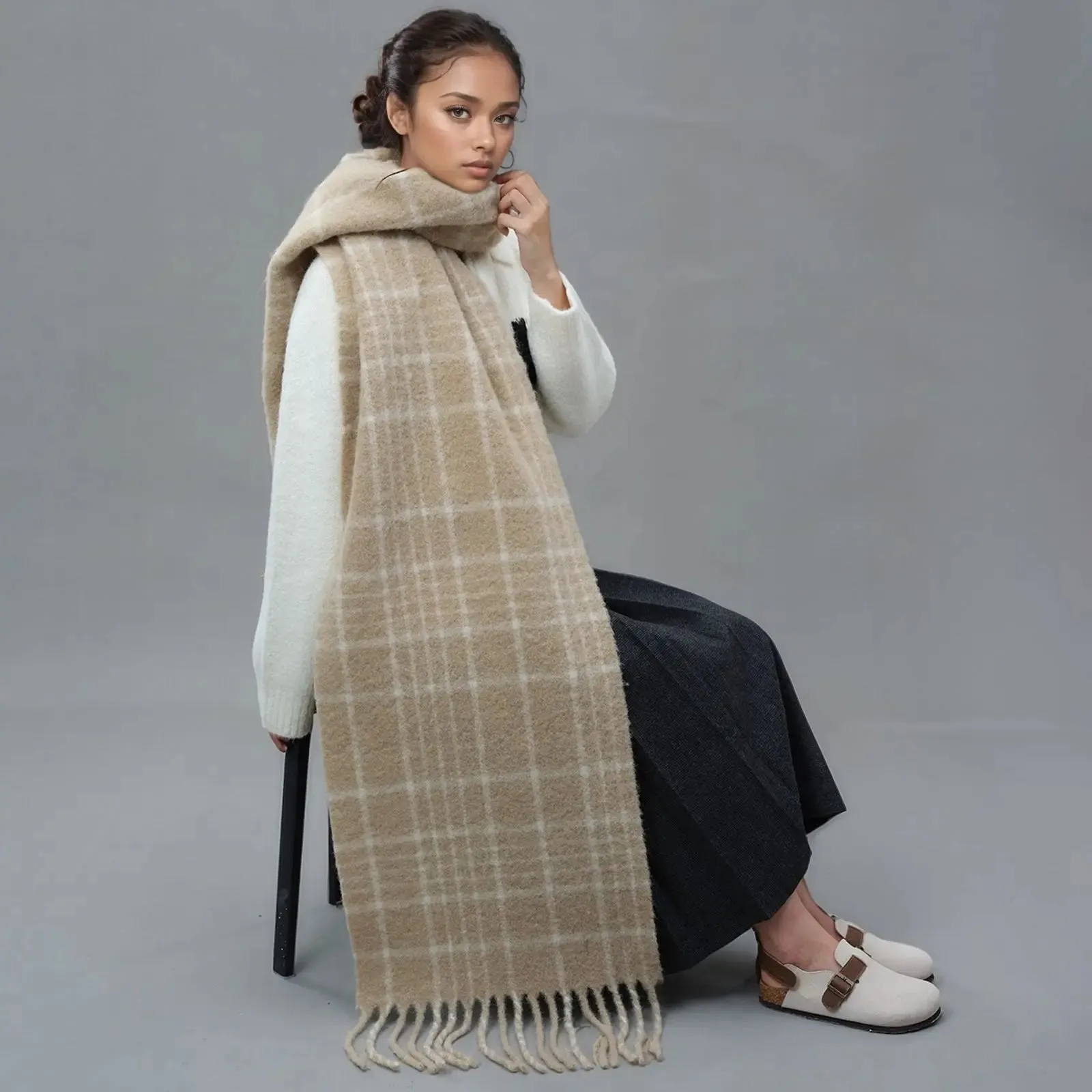 Plaid Scarf With Wool Tassel Winter Mohair Warm Unisex Scarf