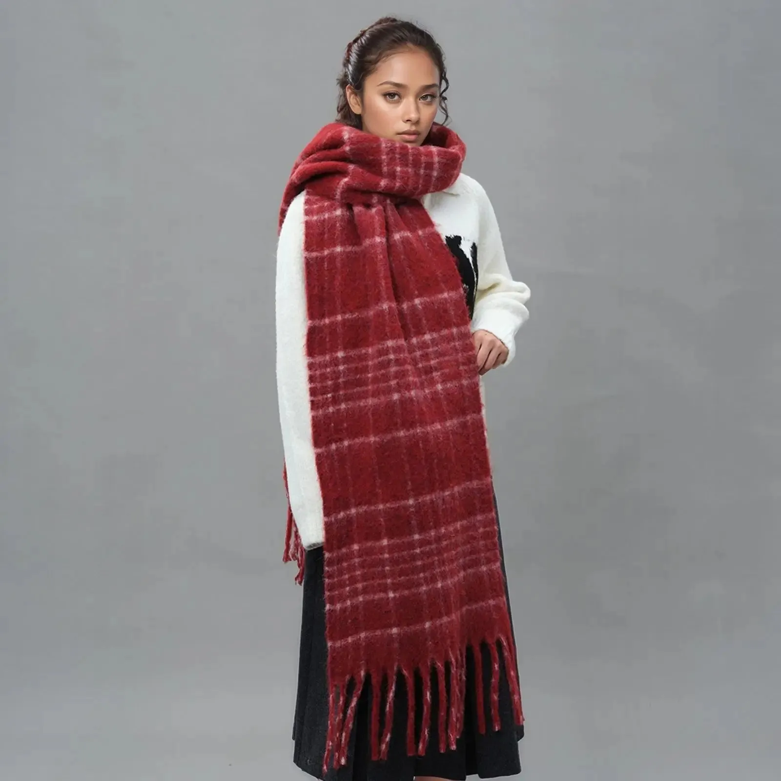 Plaid Scarf With Wool Tassel Winter Mohair Warm Unisex Scarf