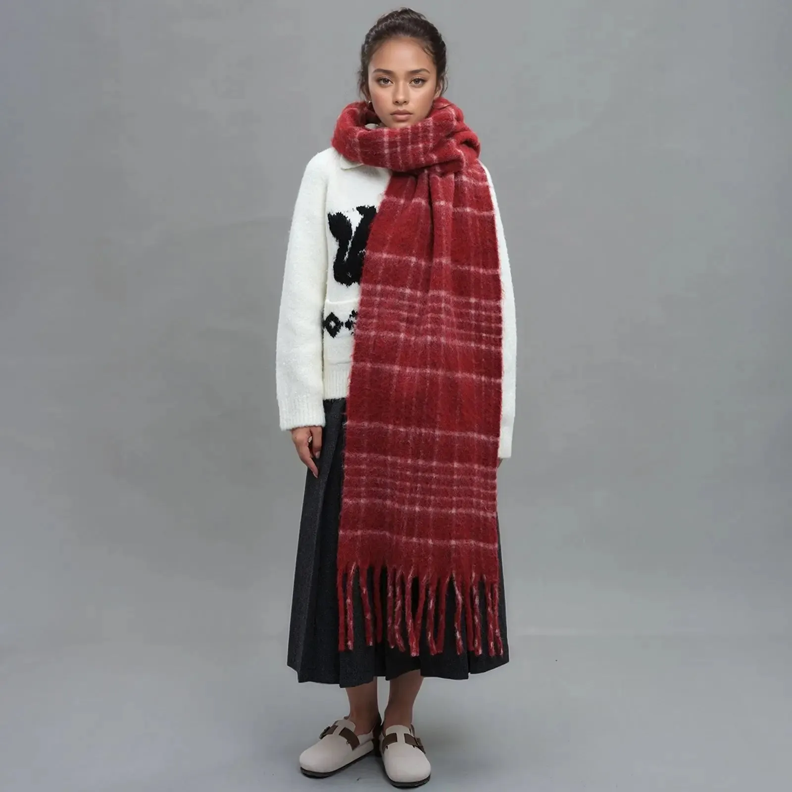 Plaid Scarf With Wool Tassel Winter Mohair Warm Unisex Scarf