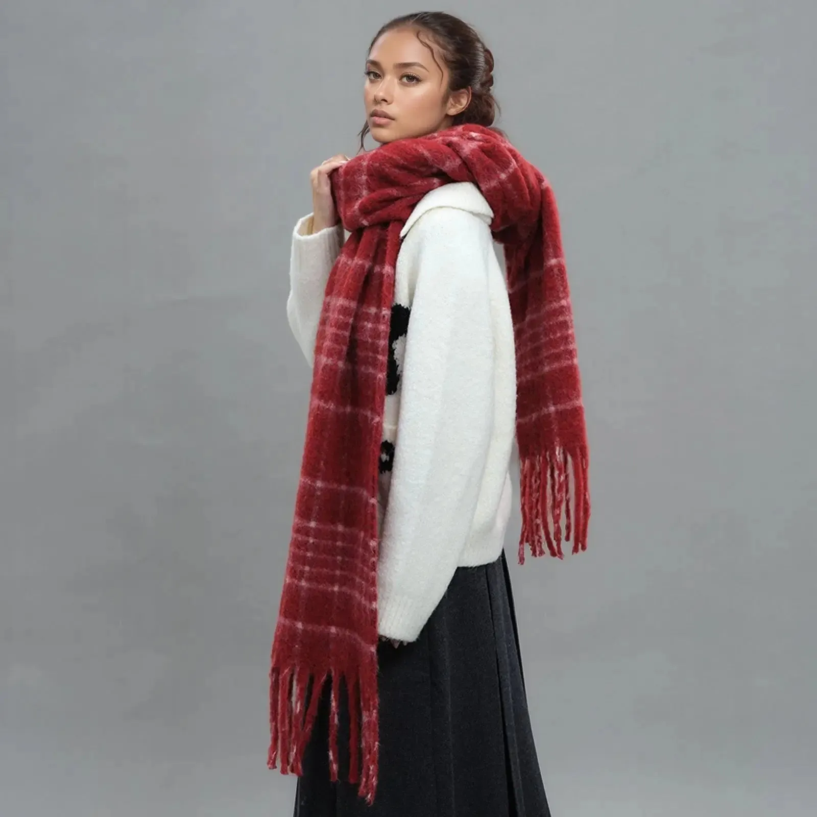 Plaid Scarf With Wool Tassel Winter Mohair Warm Unisex Scarf