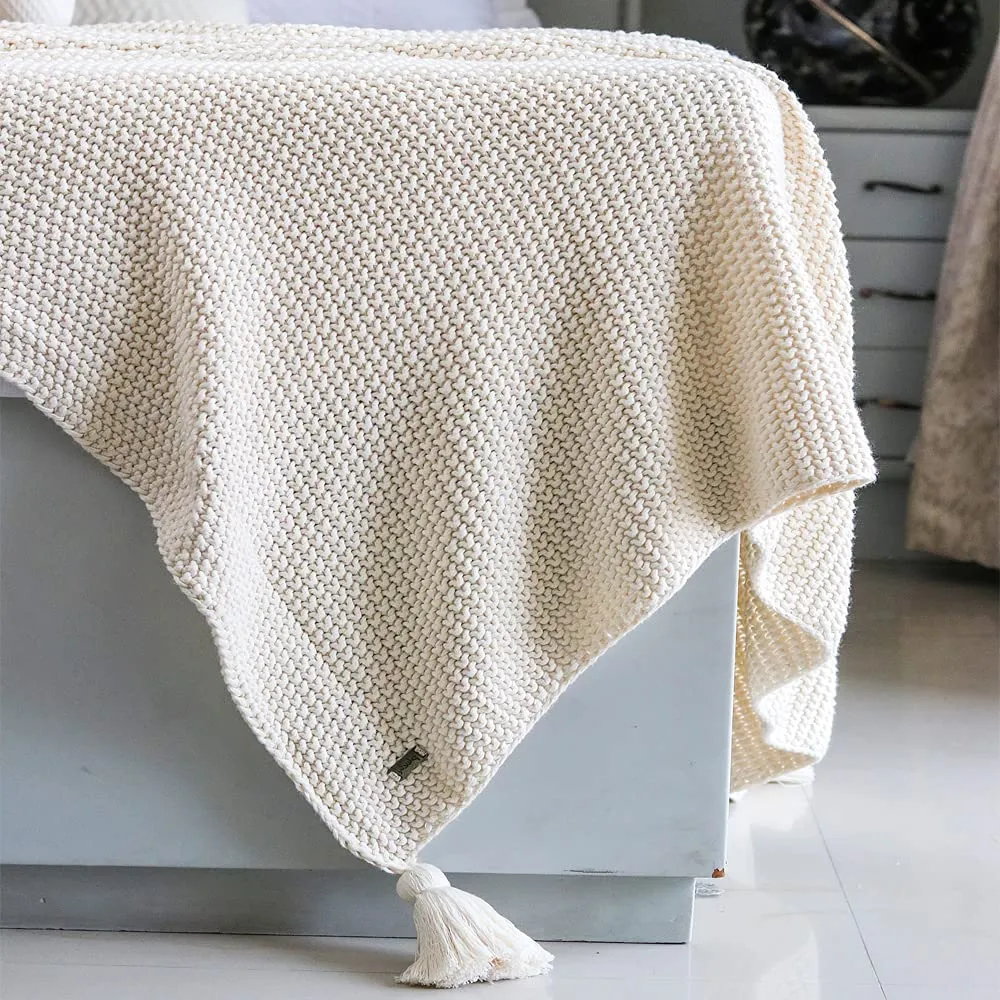 Pluchi Chunky Seed Stitch - Natural Color 100% Cotton Knitted All Season AC Throw Blanket, 125 Cm x 150 Cm