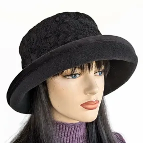 Premium Winter Fashion Hat with velvet trim, black with black velvet lace band trim