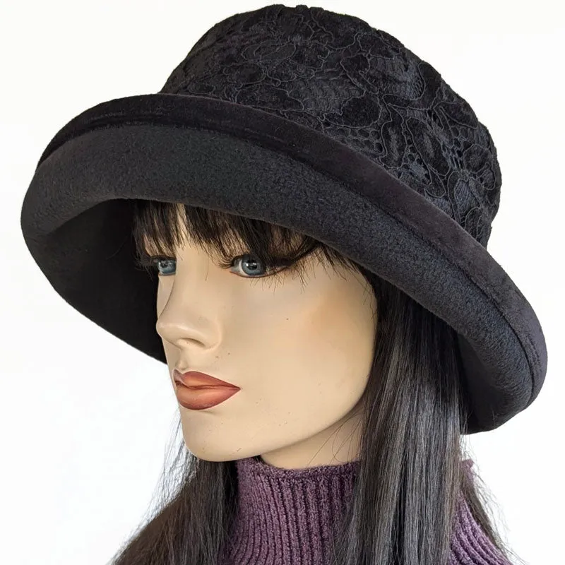 Premium Winter Fashion Hat with velvet trim, black with black velvet lace band trim