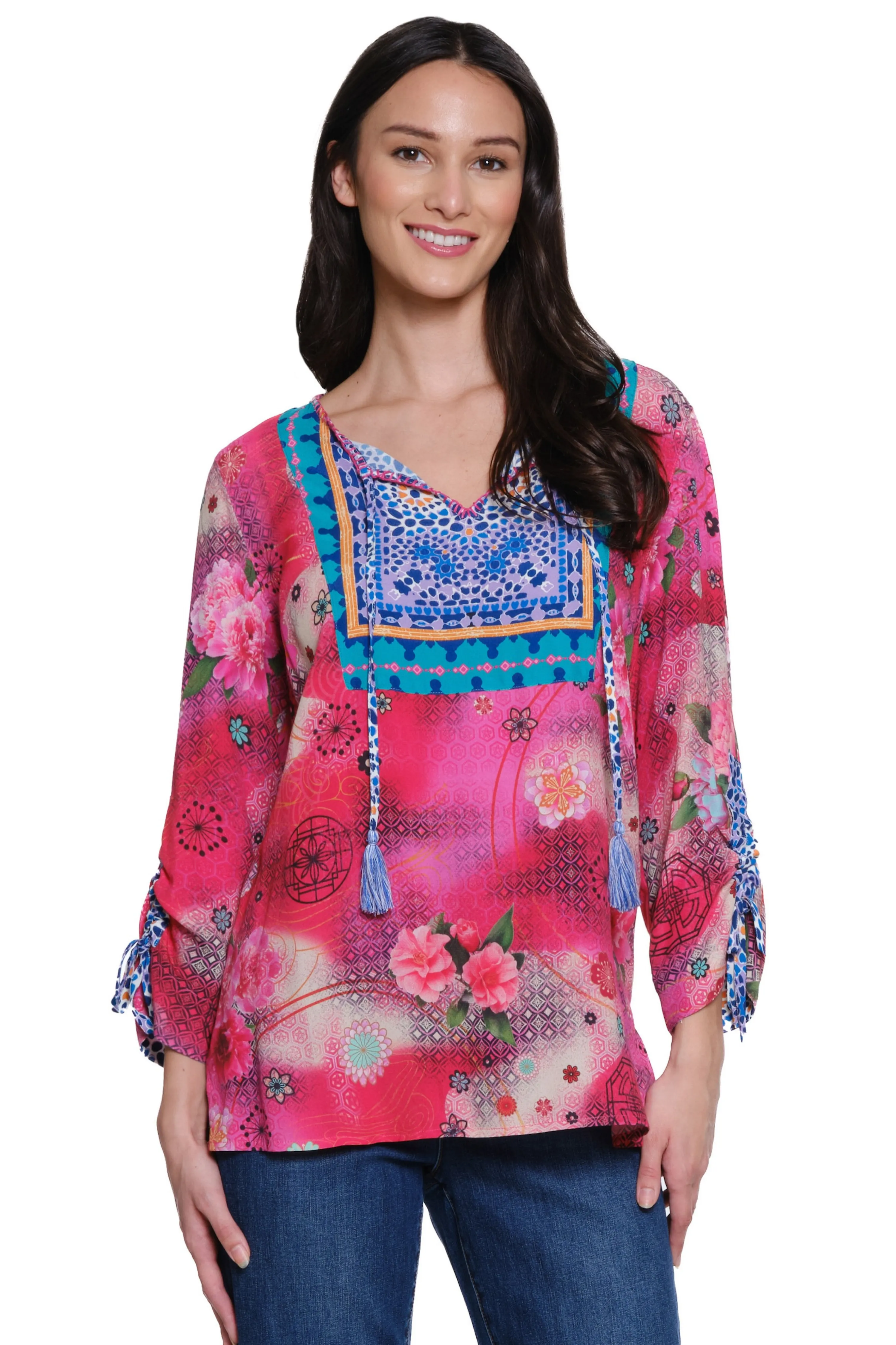 Print Tunic with Tassel Tie Sleeves - Multi