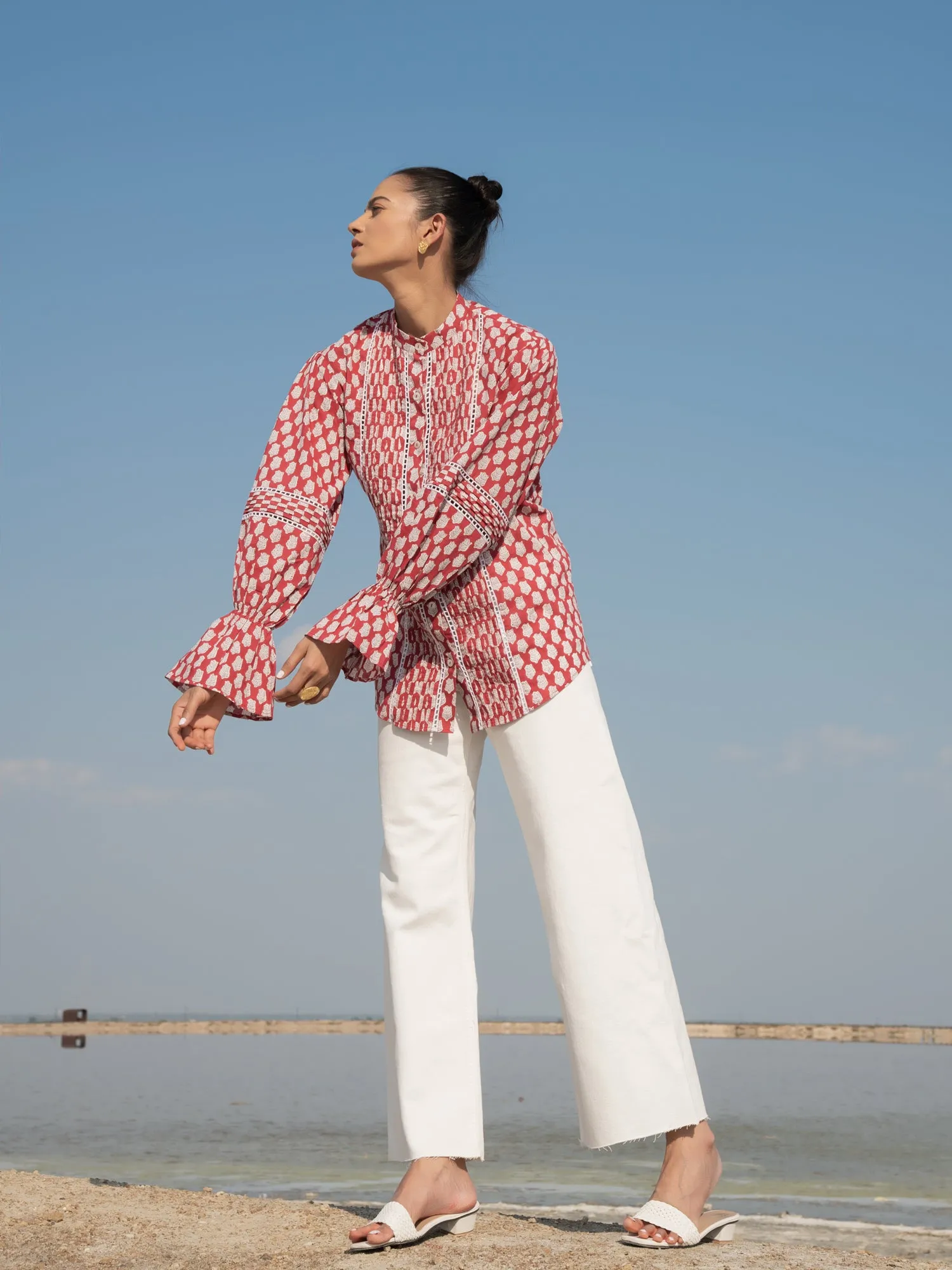 Red Lotus Blouson Top - Red Hand Block Printed Cotton Blouson Top