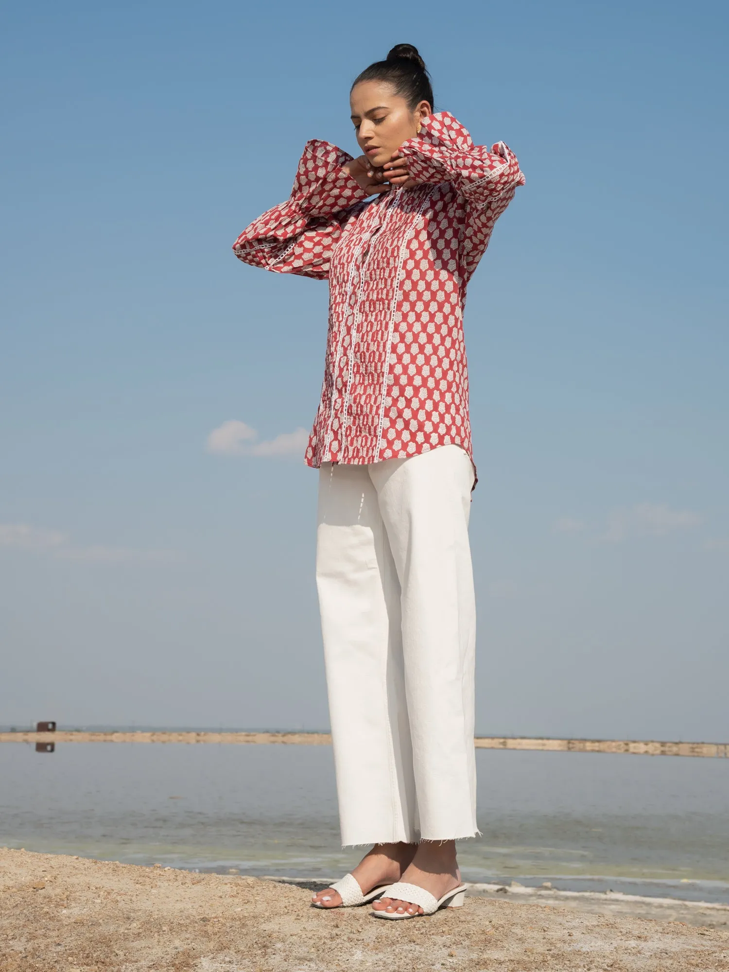 Red Lotus Blouson Top - Red Hand Block Printed Cotton Blouson Top