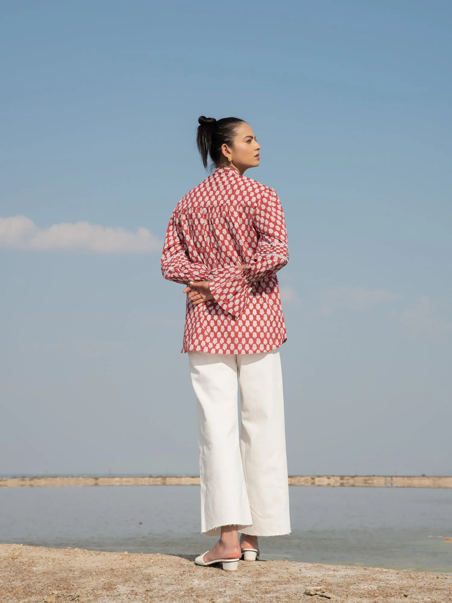 Red Lotus Blouson Top - Red Hand Block Printed Cotton Blouson Top