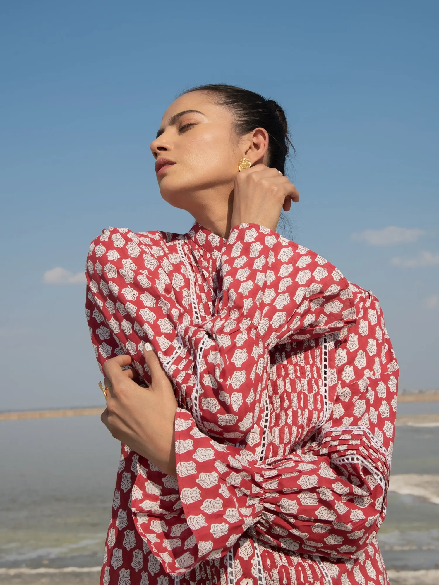 Red Lotus Blouson Top - Red Hand Block Printed Cotton Blouson Top