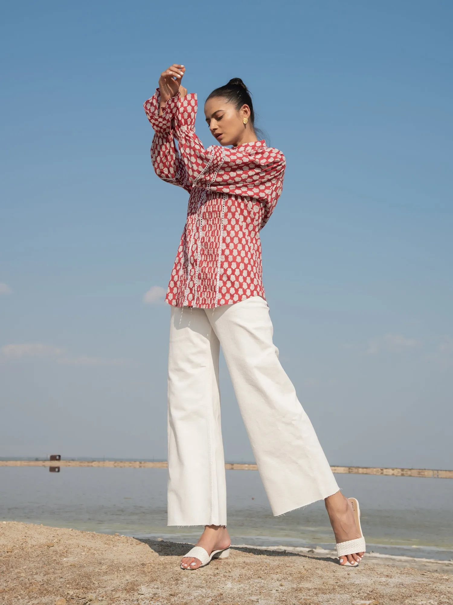 Red Lotus Blouson Top - Red Hand Block Printed Cotton Blouson Top