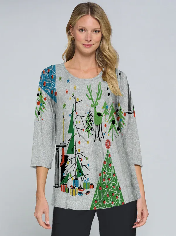 Reindeer Holiday 3/4 Sleeve A-line Tunic