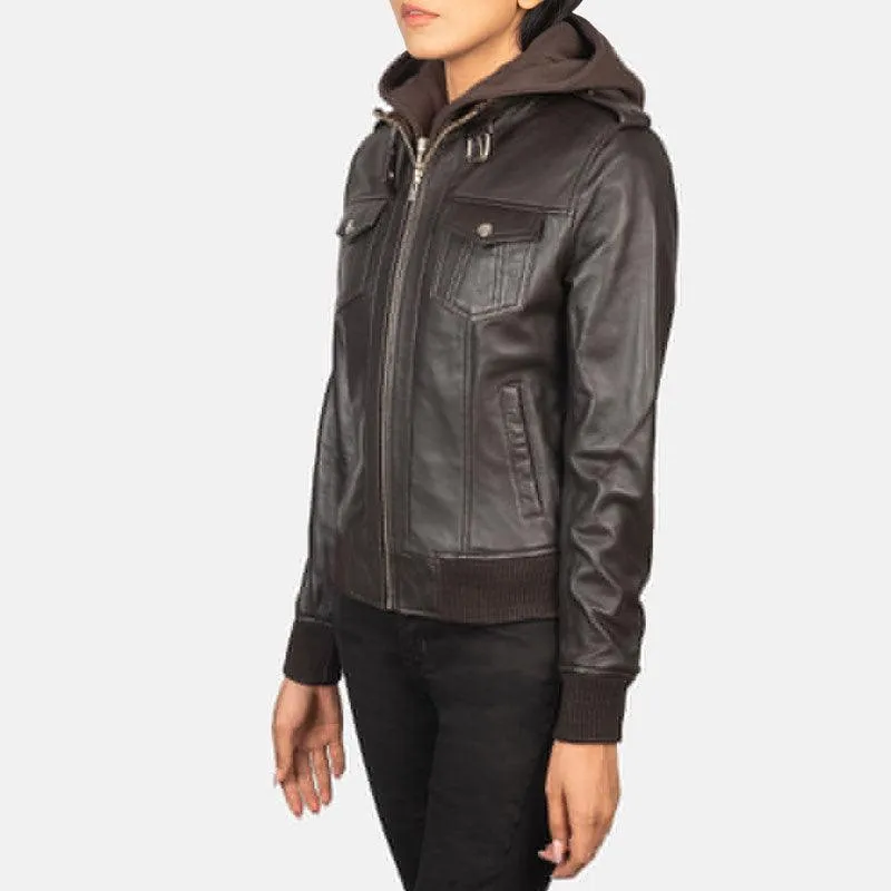 Roslyn Brown Hooded Leather Bomber Jacket