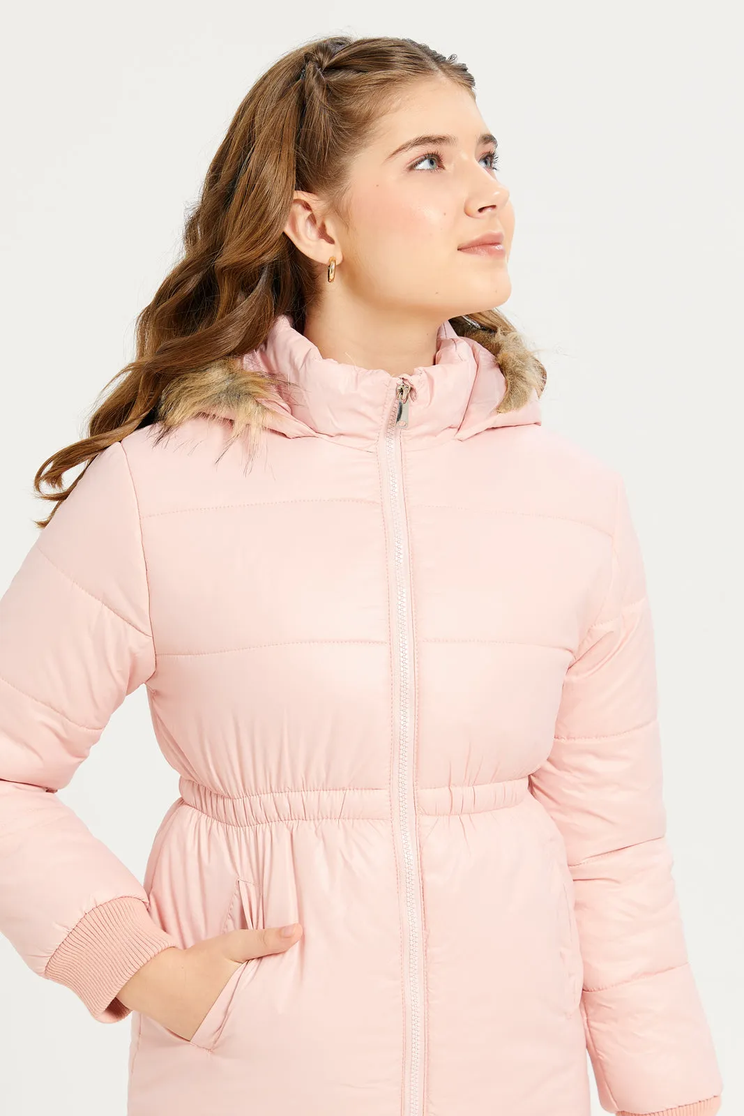 Senior Girls Pink Fur Hooded Jacket