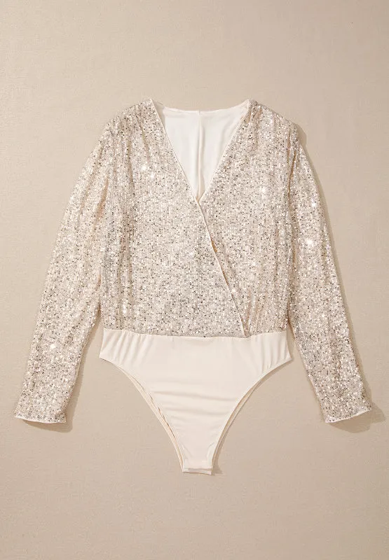 Sequin Surplice Long Sleeve Bodysuit | Winter Fashion | New Years Blouse