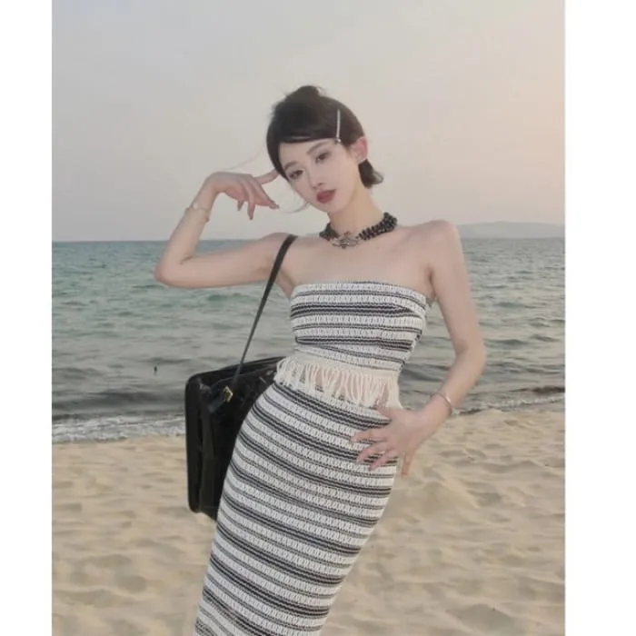 Set: Striped Tube Top   Mid Waist Maxi Pencil Skirt