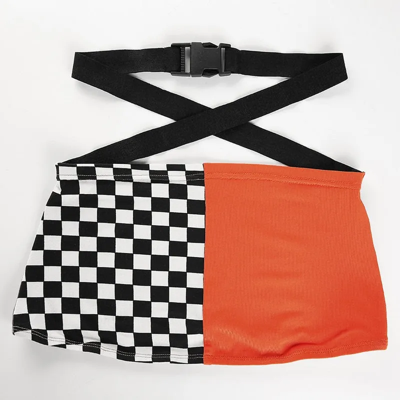 Sexy Strapless Checkerboard Boob Tube Top Summer Buckle Belt Bandage Bralette Crop Top Sleeveless