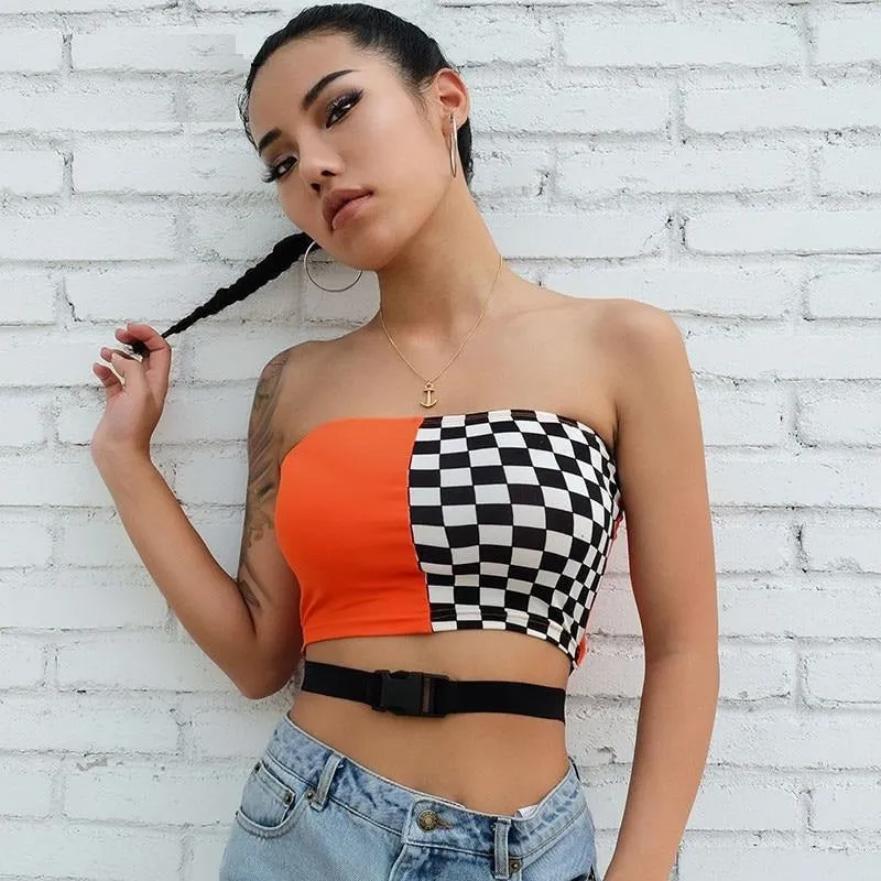 Sexy Strapless Checkerboard Boob Tube Top Summer Buckle Belt Bandage Bralette Crop Top Sleeveless