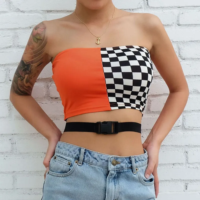 Sexy Strapless Checkerboard Boob Tube Top Summer Buckle Belt Bandage Bralette Crop Top Sleeveless