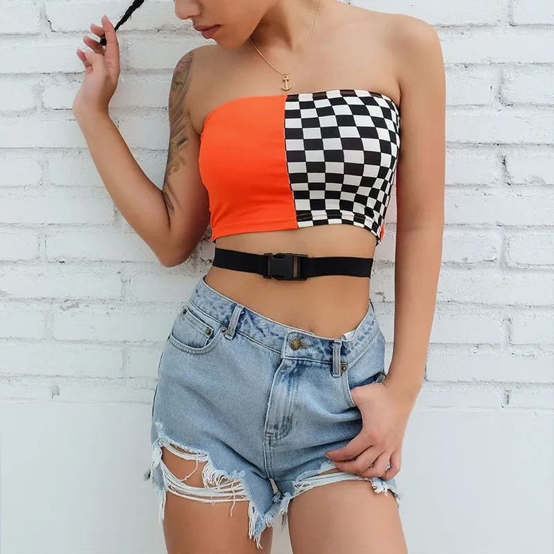 Sexy Strapless Checkerboard Boob Tube Top Summer Buckle Belt Bandage Bralette Crop Top Sleeveless