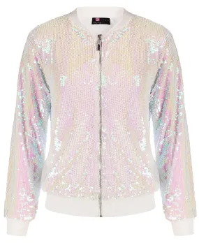 Shell White Sequin Embellished Bomber Long Sleeve Jacket