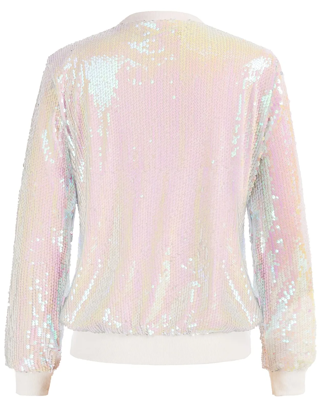 Shell White Sequin Embellished Bomber Long Sleeve Jacket