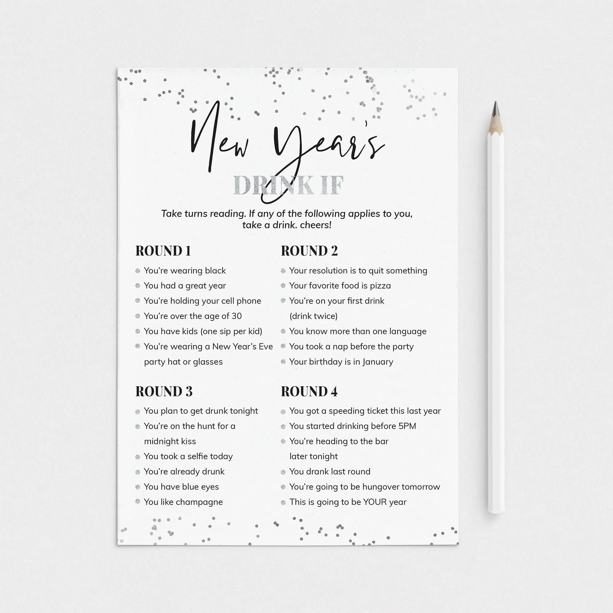 Silver New Year's Party Drink If Game Card Printable