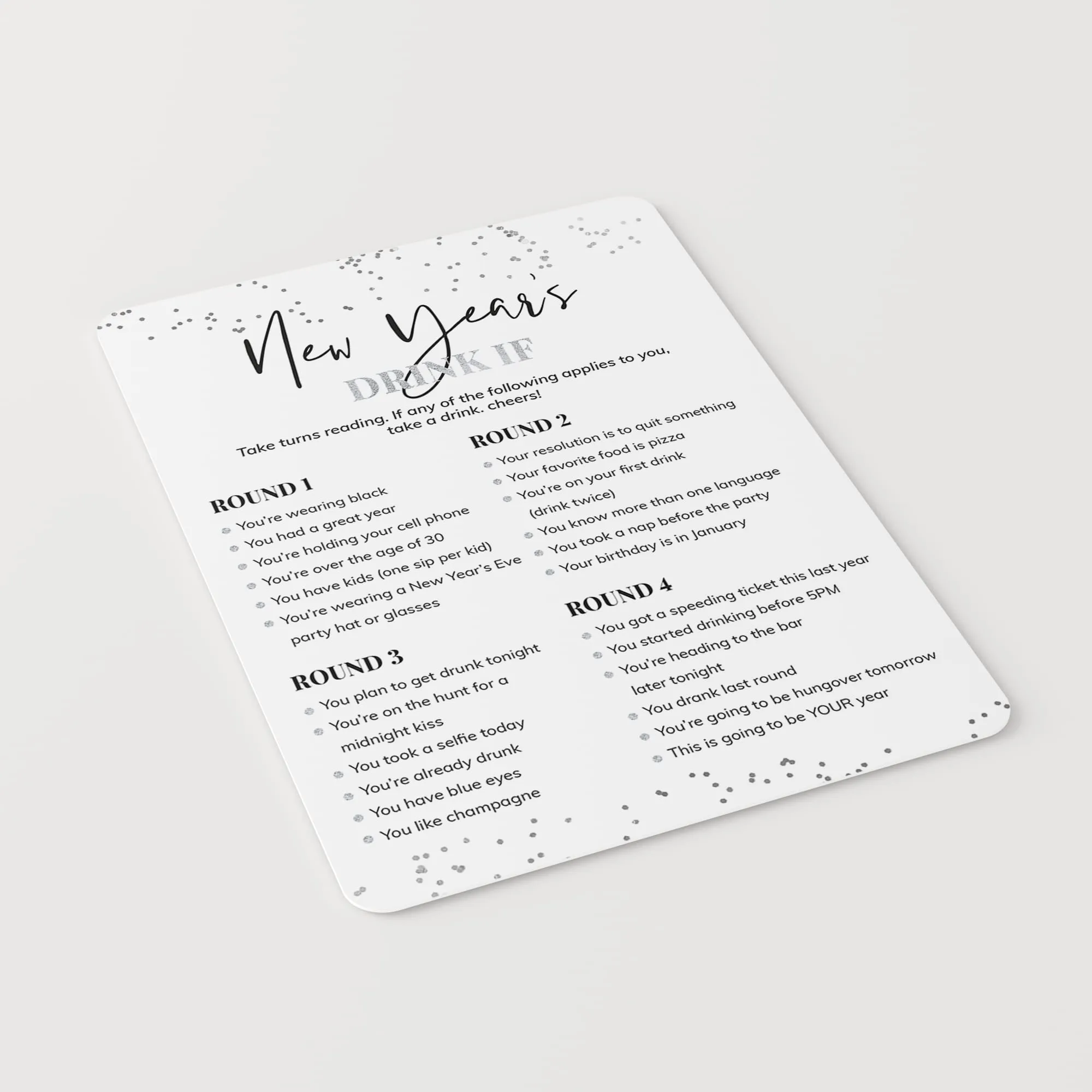 Silver New Year's Party Drink If Game Card Printable