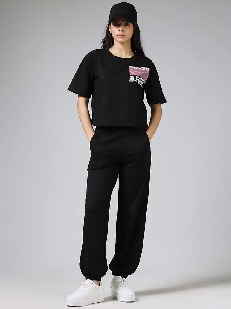 Studiofit Graphic Printed Black Cotton Oversized Crop T-Shirt