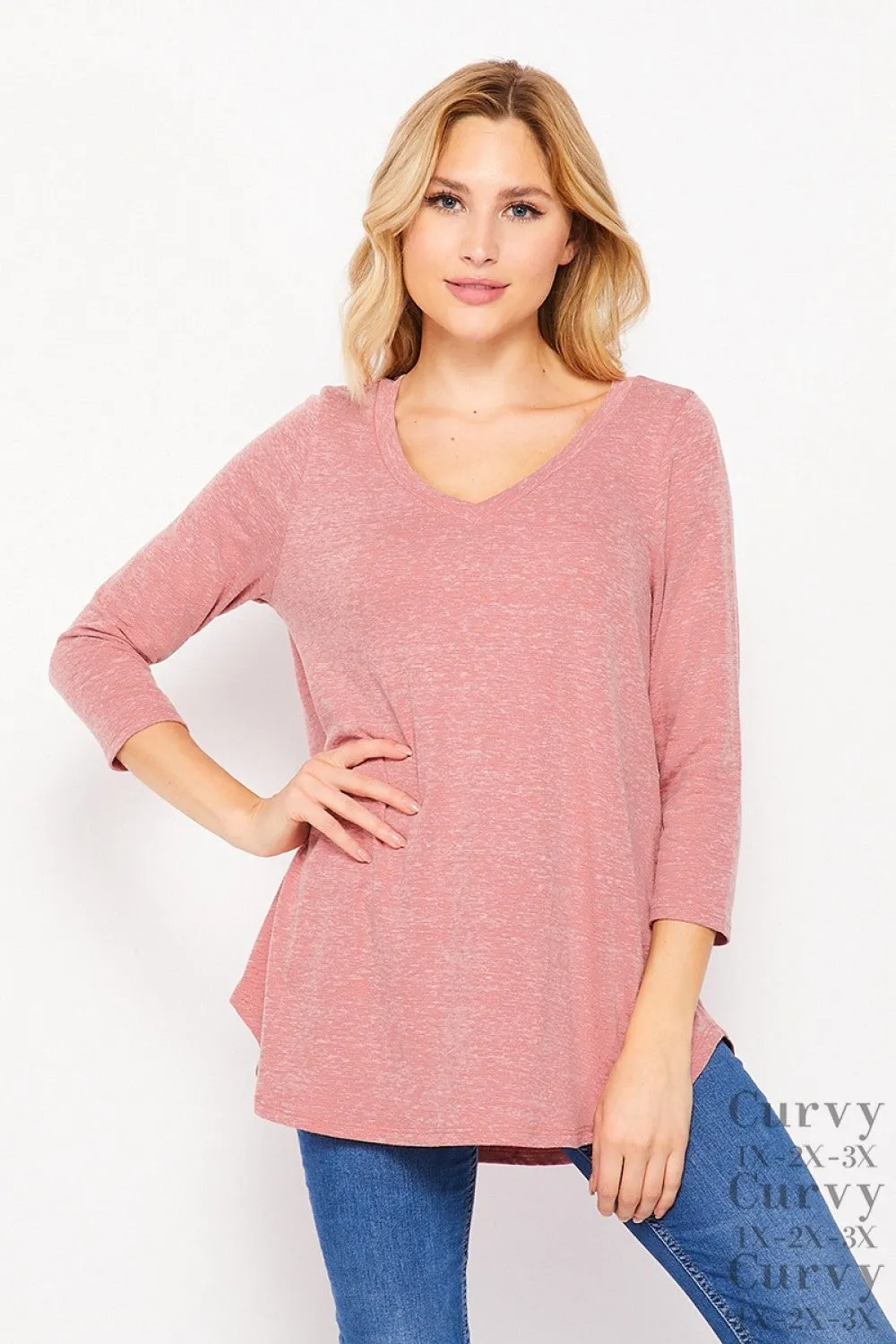 T10582TRK 3/4 Sleeve V-Neck Tunic with Round Hem